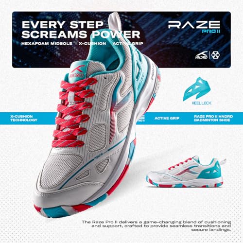 Image of Hundred Raze Pro II Badminton Shoes (Non Marking) Indoor Sports | Lightweight & Durable | X-Cushion | Active Grip Sole | Extended Heel Lock (White /Turquoise /Red ; UK 10)