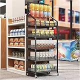 KK-GAL 5 Tier Snack Retail Display Rack Cart, Industrial Style Freestanding Potato Chip Organizer Rack with Wheels, 5 Tier Supermarket Retail Display Rack, Concession Candy Retail Basket Rack,Black