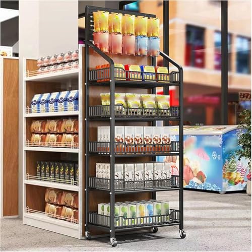 KK-GAL 5 Tier Snack Retail Display Rack Cart, Industrial Style Freestanding Potato Chip Organizer Rack with Wheels, 5 Tier Supermarket Retail Display Rack, Concession Candy Retail Basket Rack,Black