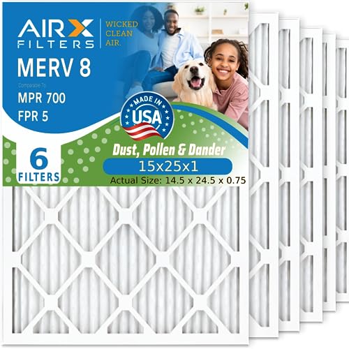 AIRx Filters 15x25x1 Furnace Filter MERV 8 Electrostatic Pleated Replacement HVAC AC Air Filter with Advanced Filtration Technology 6-Pack