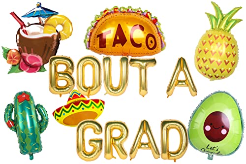 Image of Atpata Funky 'Taco Bout a Grad' Mexican Theme Happy Graduation Party Foil Balloons Combo Set - Taco, Cactus, Mexican Hat, Avocado, Pineapple, Coconut Shaped Balloons - Congrats Grad Fiesta Decorations