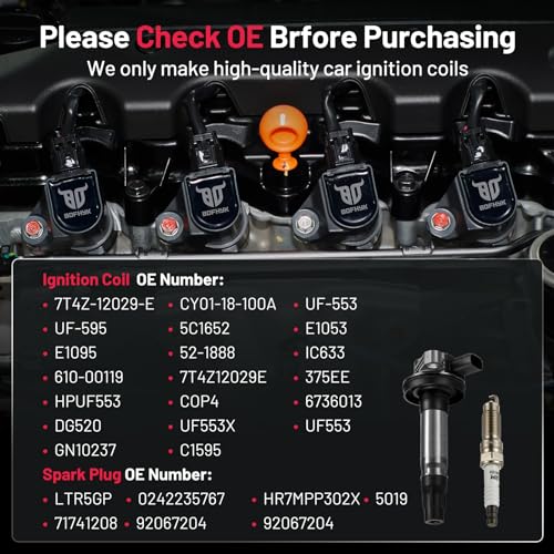 Image of BDFHYK Ignition Coils UF553 and Iridium Spark Plug 5019 Compatible with Lincoln MKS MKT MKX MKZ Mercury Sable Edge Flex Fusion Taurus V6 3.5L 3.7L Replaces UF595 5C1652 C1595 DG520 E1053 Set of 6