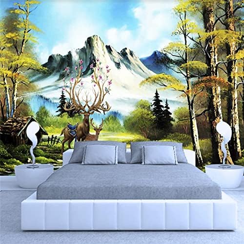 ADNUP Wall Mural European Landscape Goat Deer Trees Landscape Oil Painting Large Mural Green Wallpaper 150x70cm(59x28in)