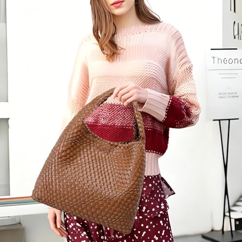 Image of Woven Tote Bag For Women, Large Vegan Leather Travel Handbag, Casual Work Shoulder Bag, Underarm Commuter Hobo Bag With Purse
