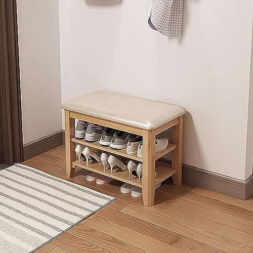 Banc à chaussures en bois avec coussin moelleux et étagère réglable