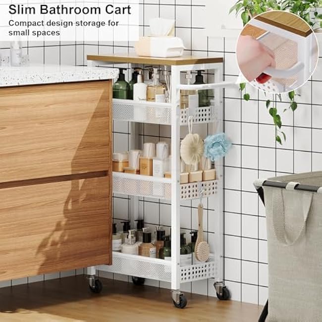 Slim Storage Cart, 4 Tier Fruit and Vegetable Baskets for Kitchen Small Space, Narrow Rolling Cart on Wheels with Wooden Top and Metal Handle for Pantry, Bathroom, Laundry Room-JkhZaXyX