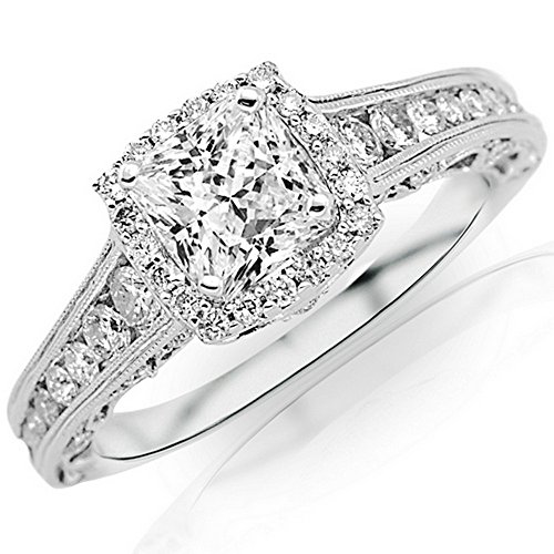 14K White Gold 1.75 CTW Princess Cut Designer Vintage Halo Style Channel Set Round Brilliant Diamond Engagement Ring Milgrain, J Color SI2-I1 Clarity, 1 Ct Center