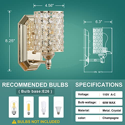 Image of Crystal Wall Sconce Champagne Dry&Wet Dual Use 2 Pack 1 Light UL Certified