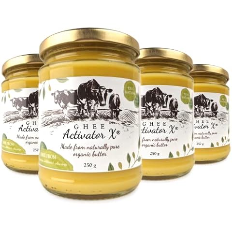 Organic Ghee 1000g (Pack of 4) | Free Range, Grass Fed English Butter | Certified Organic Clarified Ayurveda | Activator X: Rich in Vitamin A, D3, E, K2 | Vegetarian Cover