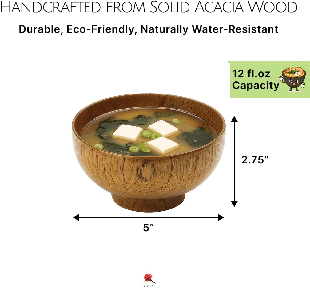 JapanBargain, Set of 4 Wooden Bowls, Natural Wood Japanese Zen Style Rice and Miso Soup Bowls, 4.5-Inch Rustic Brown Salad Dessert Snack Bowls for Home or Restaurant