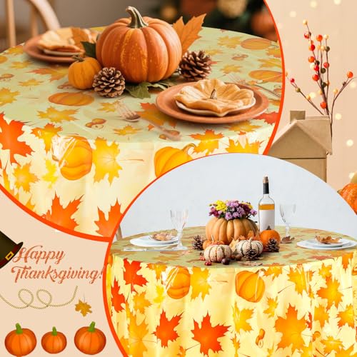 Image of LemonRoad 3 Pcs Fall Plastic Round Tablecloth for Thanksgiving | 84 Inch, Maple Leaves Pumpkin Acorn, Thanksgiving Disposable Table Cover, Autumn Circular Table Cloth for Harvest Party Decor