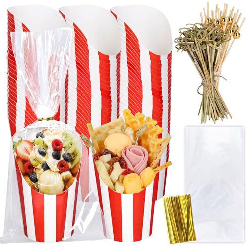 FYSUIMU 50 Set 14 Oz Carnival Party French Fry Holder Halloween Red White Striped Charcuterie Cups with Sticks and Bags Disposable Slanted Dessert Tasting Cups for Movie Night Decor