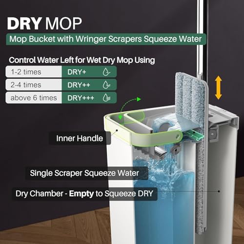 Image of VELQUOR Flat Mop and Bucket Set, Self-Cleaning with Wringer Scraper, Wet Dry Mop, Microfibre Pads Included