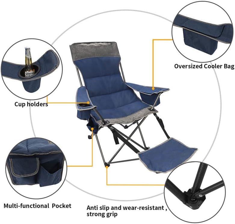 Miniatura 4 de Silla plegable de camping con reposapiés extraíble, silla reclinable de 3 ajustes con bolsa enfriadora, portavasos para exteriores, playa, viajes,