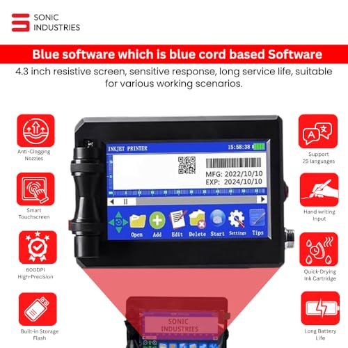 Image of SONIC INDUSTRIES Handheld Inkjet Printer, Portable Batch Coding Machine for MRP, Expiry Date, Batch No, Barcode & QR Code Printing, TIJ Printer for Plastic, Carton, Metal, Glass