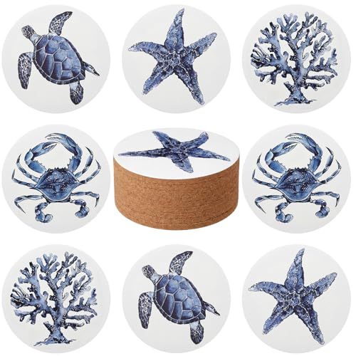 Yetene 8 Pcs Coastal Ceramic Coasters Cork Base Ocean Housewarming Gifts