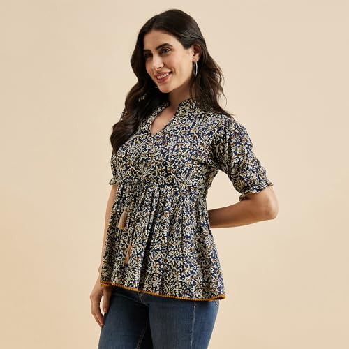 Image of Azira Cotton Printed Mandarin Collar | Blue Color | Casual Top | Woman Top| Tops for Woman | Stylish Summer Wear