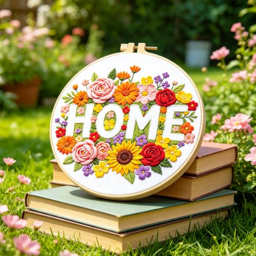 Image of INFUNLY 4pcs Wreath Words Embroidery Kit for Beginners Floral Cross Stitch Kits with Pre-Printed Patterns 11.6x11.6inch Embroidery Starter Kit with 14 Colors Thread for DIY Craft Lovers