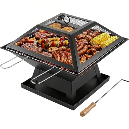 Square Fire Pit with BBQ Grill Metal Fire Pit BBQ with Mesh Lid & Poker Outdoor Garden Patio Heater Firepit Sturdy and Durable Iron Construction - Great for Camping Picnics or the Garden