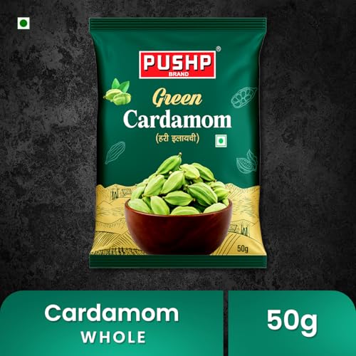 Image of Pushp Green Cardamom Whole Elaichi 50 g | 8-9 mm Size | Pack of 1 |Sabut Hari Elaichi | Rich Aroma & Natural Freshness | Source from kerala |