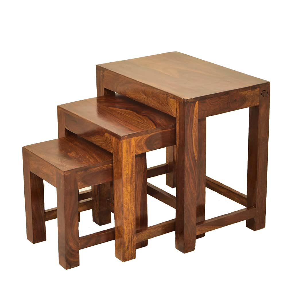 SHRI MINTU'S ART Wooden Nesting Table | Nesting Stools Set of 3 | Peg Table | Solid Wood Sheesham, Brown Finish