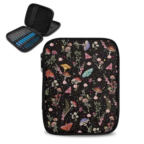 Image of Crochet Hook Case Mushroom Crochet Hook Holder Portable Crochet Hook Storage Bag with Web Pockets Suitable for Crochet Needles /Knitting Accessories