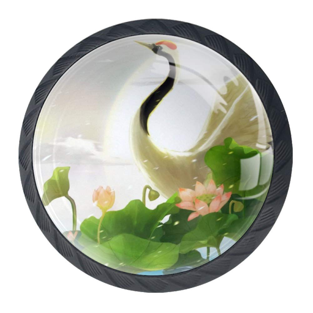 Lotus Red-Crowned Crane Drawer Pulls Handles Cabinet Dressing Table Dresser Knob Pull Handle with Screws 4pcs