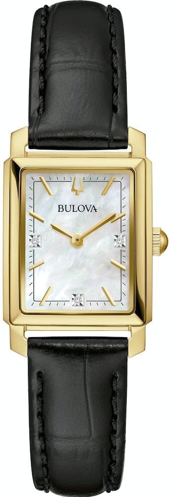 Bulova Damen Armbanduhr Classic Sutton mit schwarzem Lederarmband, Gehäusedurchmesser: 21 mm, 97P166