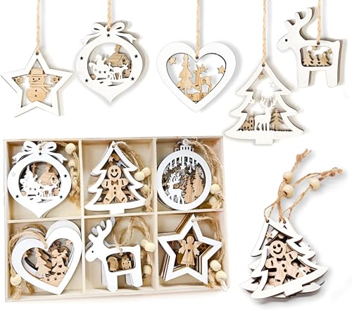 24 Stück Baumschmuck Weihnachten aus Holz，Weihnachtsdeko Zuhause...