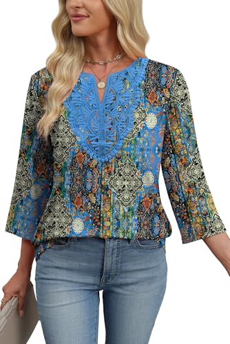 Image of WIHOLL 3 /4 Length Sleeve Womens Tops Boho V Neck Lace Shirt Trendy Blouses Dressy Casual Vacation Clothes S-3XL
