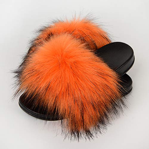 Image of MH Bailment Womens Furry Fluffy Slippers Faux Fur House Slippers Open Toe Fuzzy Slides Soft Flat Slip On Sandals for Indoor Outdoor