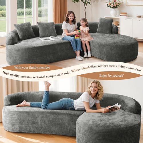 Image of 99 inch Curved Sectional Sofa with Chaise, Gray, Right Chaise+Left Sofa | Modern Boneless Couch, Deep Seat, L Shaped 3-Seater Cloud Couch, No Assembly Needed, Chenille