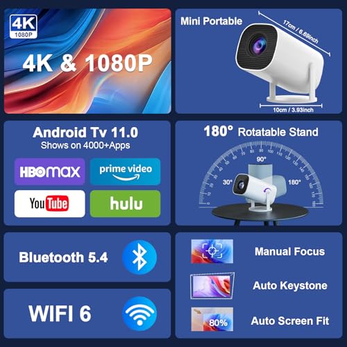 Mini Beamer 4K Full HD 1080P, Tragbarer Projektor mit WiFi 6 und Bluetooth 5.4,Auto-Keystone & Manueller Fokussierung,180°Dreh Kompatibel mit iOS/Android/HDMI/TV Stick/Laptop/PC – Bild 3