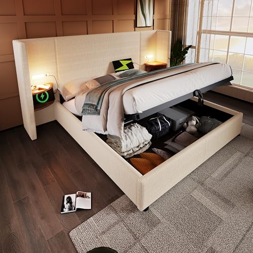 Fppuueg Camas Matrimoniales 160x200 con Cabecero Extendido y Espacio de Almacenaje Hidráulica, Cama Matrimonio con Lámpara de Lectura, Cama Doble, Tela de Pana, Beige-Blanco, Sin Colchón