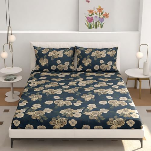 Image of Elastic Fitted King Size Bedsheet Cotton for Double Bed | 72 inchx78 inch +10 Inch, Floral, Soft & Breathable, Fade & Shrink Resistant, 2 Pillow Covers | Midnight Rose Elegance, Navy Blue