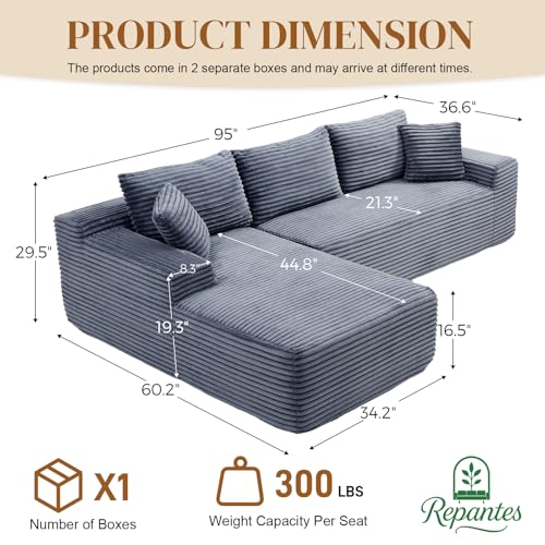 Image of 95 inch L Shaped Boneless Sectional Couches, Wide Armrest, Deep Seat, Memory Foam, Assembly Free, Modern Comfy Corduroy Fluffy Cloud Sofa with Left Chaise for Living Room, Small Spaces, Grey