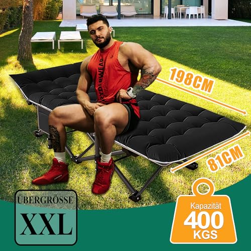 DRMOIS Feldbetten Klappbar Campingbetten, Campingliege Übergroßes 81 cm breites, tragbares, faltbares Outdoor, Tragkraft 400 kg- mit Isomatte Matratze, Schwarz, Größe XXL