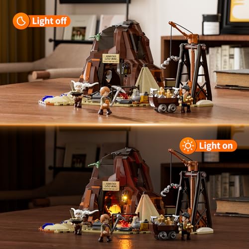 FUNWHOLE Wild West Gold Mine Lighting Building-Bricks Set - Western Prospector’s Dig Entrance 658 Pcs Mining Playset for Adults and West Lovers