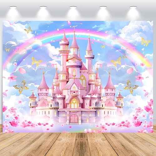 ASDCXZ Pano de fundo de princesa castelo 2,2 x 1,5 m, castelo rosa arco-íris floral borboleta fotografia fundo para menina 1º aniversário casamento Baby Shower festa decoração Banner acessórios de estudo