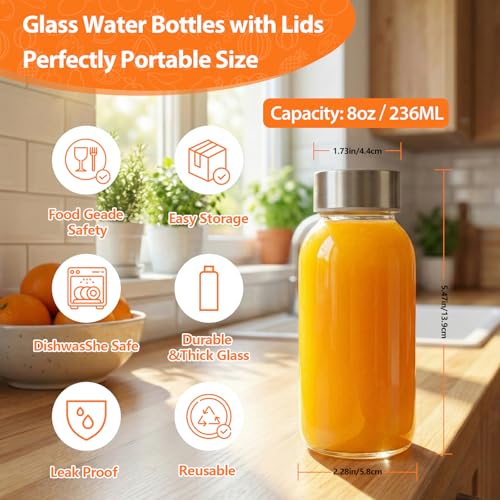 Image of Luxfuel 8 oz Glass Juice Bottles 8 Pack with Lid, Leak Proof Glass Bottle | Reusable Clear Glass Bottle with Stainless Steel Lids for Juice Shots, Smoothies, Wellness Drinks, Fridge & Dishwasher Safe