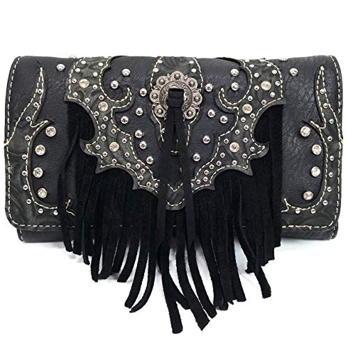 Zelris Western Concho Fringe Lace Two Toned Women Crossbody Wrist Trifold Wallet (Black)2