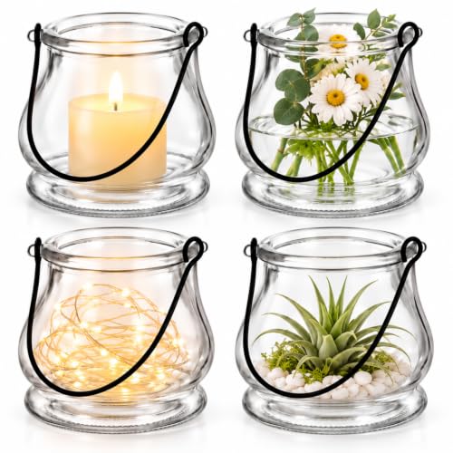 Zerodeko 4 Pack Clear Glass Candle Holders with Handle for Standing