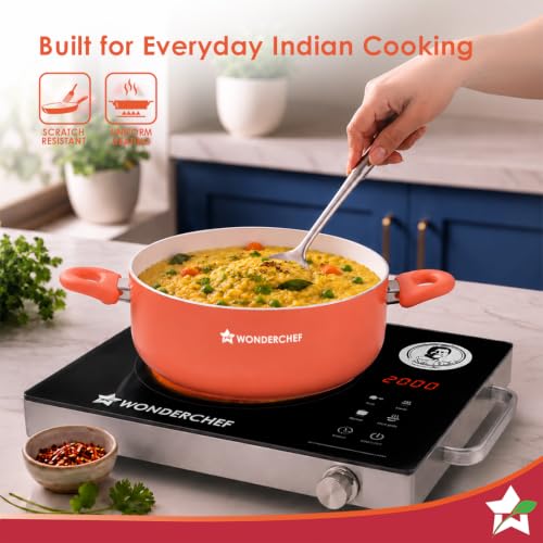 Image of Wonderchef Natura Ceramic Casserole & Glass Lid for Cooking, 24cm, 4.5L, Non-Toxic Chemical-Free Coating, PFOA /PFAS-Free, Scratch-Resistant, Gas & Induction Compatible, 2-Yr Warranty, Peach