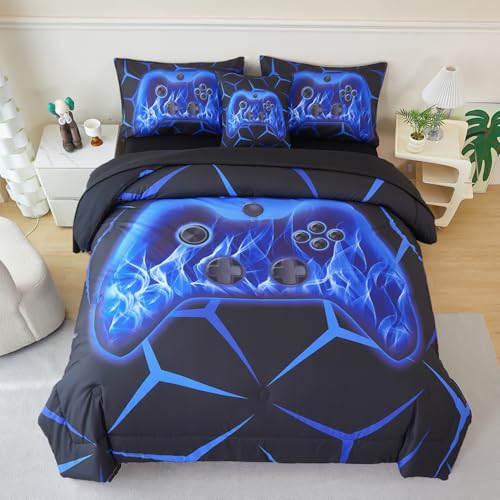 Image of ZRNBAST Twin Size Comforter Set, 6 Pieces Blue Gaming Bed in a Bag Twin