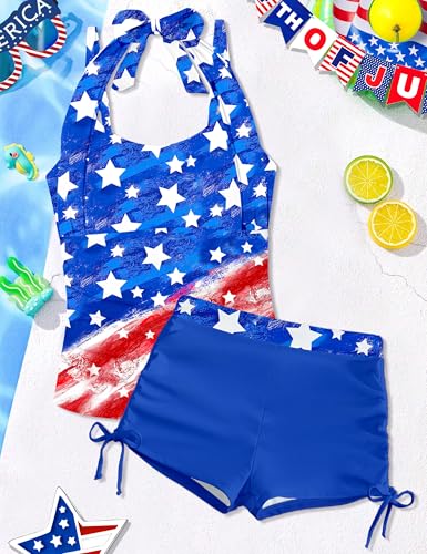 Image of Girls Swimsuit 2 Piece Halterneck Girls Tankini Swimsuit Drawstring Printed Swim Shorts Girl Bathing Suit for 7-18T