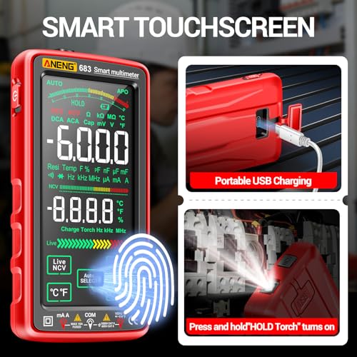 Image of Smart Multimeter, Digital Multimeter Tester with Touch Screen 6000 Counts Auto Ranging Rechargeable A Reverse Display NCV Tester with Flashlight for Electricians, DIY (Red)