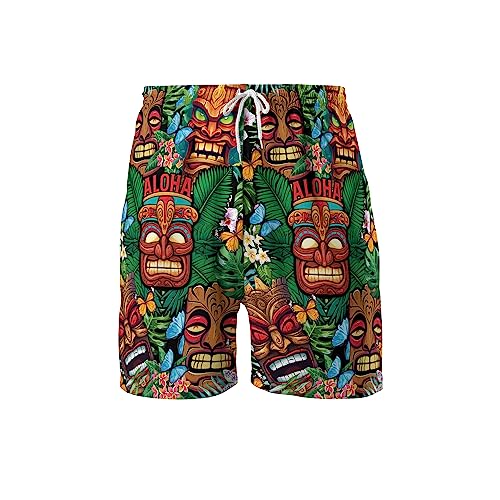 Tropical Tiki Mens Hawaiian Sport Shorts - Tiki Hawaiian Shorts for Men - Casual Drawstring Beachwear Shorts Series 15