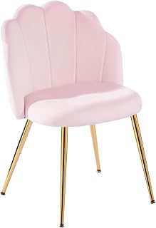 Dressing Table Chair with Back & Gold Legs, Shell Chair for Bedroom, Living Room & Dining Room, Easy Assembly, Pink