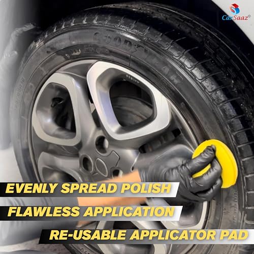 Image of CAR SAAZ Tyre Shiner (1L) with Applicator Pad and Microfiber Cloth | Car & Bike Tyre Polish & Dresser | Gives Instant Shine, Increases Life, Prevents Fading & Cracking | Long-Lasting Protection