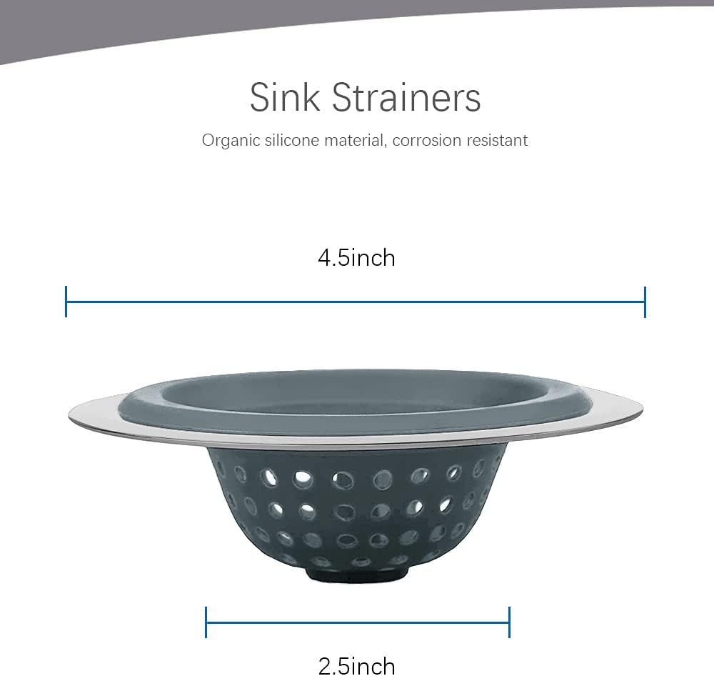 2PCS Sink Strainers,Flexible Silicone and Stainless Steel Kitchen Sink Drainer Baskets，Large Wide Rim 4.5 inch Diameter,Rust Free,Prevent Food Residues from Clogging (Gray)